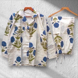 Block Printed Pyjama, Floral Print PJ&#39;s,Indian Hand Block Print, Night Wear Cotton Pajamas Set,Night Suite, Gift For Her, cute sleepwear set