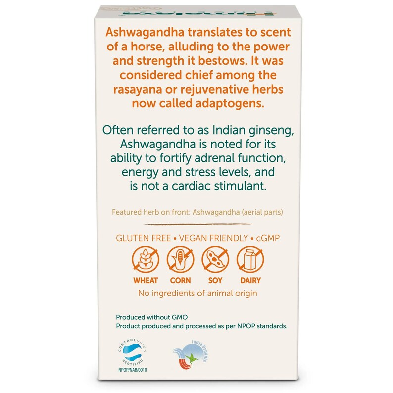 May include: A white box with text about Ashwagandha, including its benefits and origin. The box is labeled gluten-free, vegan-friendly, and cGMP. It also lists that it contains no ingredients of animal origin.