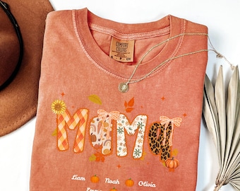 Comfort Colors® Fall Mama shirt with Kids Names, Autumn Pumpkin Mom Shirt, Personalized Thanksgiving Mama Shirt, Custom Fall Mom Gift