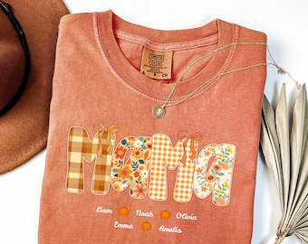 Comfort Colors® Fall Mama shirt with Kids Names, Autumn Pumpkin Mom Shirt, Personalized Thanksgiving Mama Shirt, Custom Fall Mom Gift