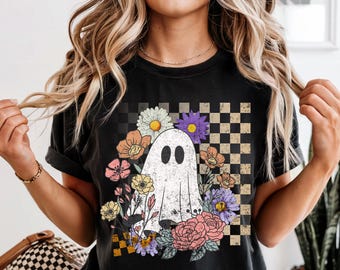Comfort Colors® Comfort Colors® Checkered Ghost Shirt, Halloween Floral Ghost Shirt, Cute Fall Shirt, Cottagecore Ghost Tee, Retro Floral