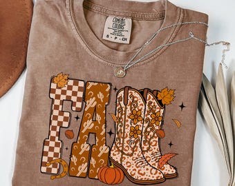 Comfort Colors® Herbst Cowgirl Shirt, Western Boots Grafik T-Shirt, rustikales Herbst Kürbis Top, Country Rodeo Outfit für Frauen, Herbst Western Shirt