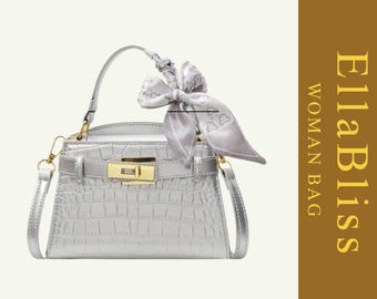 Silver Croc Embossed Top Handle Bag – Vegan Leather Scarf Tote