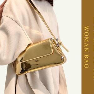 Gold Metallic Flap Shoulder Bag, Shiny Crossbody Purse For Women, Fashion Evening Party Handbag
