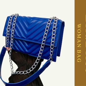 Bold Blue Quilted Chain Shoulder Bag – Large Faux Leather Flap Purse With Diamond Stitch, Statement Chain Strap, Luxe Modern Crossbody