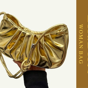 Gold Metallic Cloud Shoulder Bag, Shiny Pleated Holiday Purse, Trendy Fashion Campus & Vacation Handbag