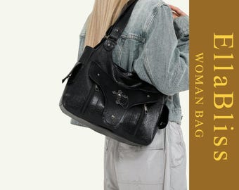 Bolso bandolera grande gótico negro Y2K de piel sintética, bolso cruzado.