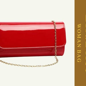 Red Patent PU Leather Envelope Clutch for Women – Detachable Chain Strap Evening Bag – Elegant Wedding Party Purse or Travel Gift