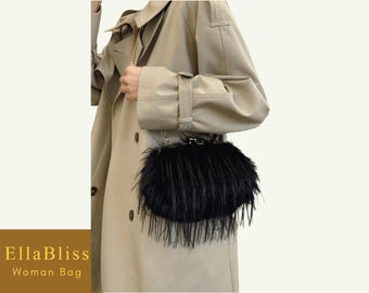 Black Faux Feather Clutch – Gold Chain Evening Shoulder Bag