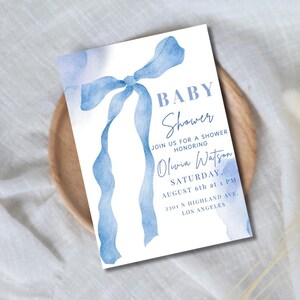 Invitación editable para baby shower con lazo azul - Tarjeta personalizable e imprimible digitalmente en Canva - Descarga instantánea - Invitación moderna para niños