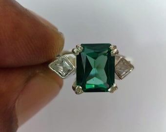 Anillo de zafiro verde azulado con corte esmeralda: plata de ley con halo de diamantes americanos, regalo de Navidad