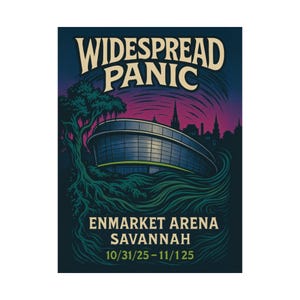 May include: A concert poster for Widespread Panic at Enmarket Arena in Savannah, featuring a stylized illustration of the venue. The design includes swirling green and blue lines, a tree, and the event dates.