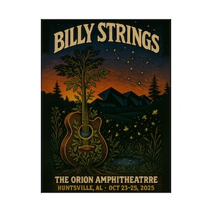 Peut inclure: Affiche de concert pour Billy Strings. Elle présente une guitare avec un arbre qui la traverse, sur un paysage de coucher de soleil avec des montagnes et des étoiles. Le texte indique "Billy Strings" et les détails de l'événement.