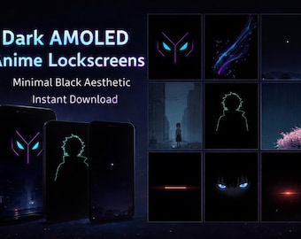 May include: A digital collection of Dark AMOLED Anime Lockscreens featuring minimal black aesthetic designs. The display shows three smartphones with glowing neon graphics and a grid of nine distinct dark-themed anime illustrations.