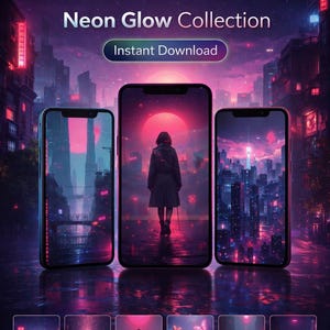 May include: A digital collection of 20 cyberpunk phone wallpapers titled Neon Glow Collection. The image displays three smartphones showing futuristic cityscapes with neon pink and purple lighting, plus six smaller preview thumbnails.
