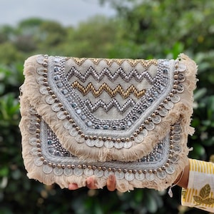 Handmade Jacquard Boho Clutch Indian Traditional Festival Clutch Beaded Bag Bohemian Handbag Crossbody Clutch Ethnic Purse Evening Purse