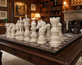 May include: A large chess set featuring intricately carved, cream-colored pieces and dark brown pieces arranged on a decorative board. The pieces display ornate, scroll-like detailing. The set is positioned on a dark wooden table in a library setting.