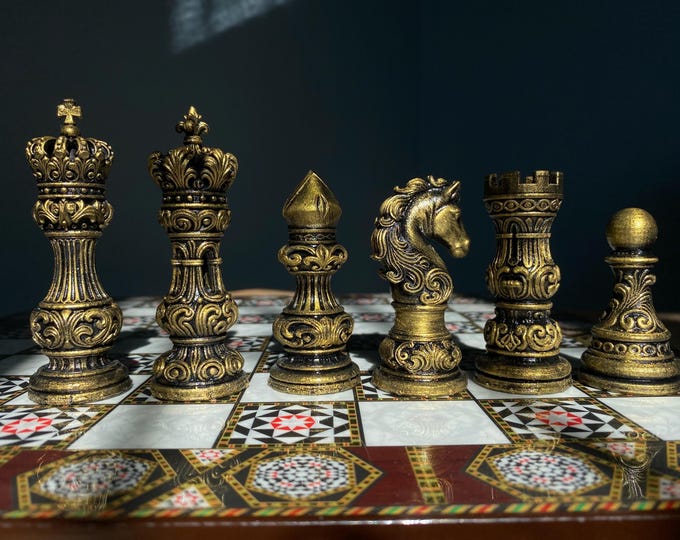 Luxury Baroque Staunton Ornate Chess Set-Handpainted silver vs gold Pieces -King Size 3,9 inch