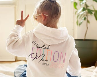 Personalisiertes Geburtstagsoutfit für Jungen und Mädchen, Hoodie limited Edition, Kinderpullover, Kapuzenpulli, 6. 10. Geburtstag Geschenk