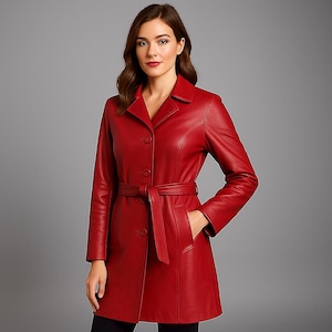 Women&#39;s Red Leather Trench Coat – Real Sheepskin Long Leather Jacket – Burgundy Overcoat – Button Closure – Gift for Her – Winter Coat
