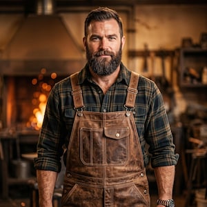 May include: A brown leather overall with a large front pocket and a smaller flap pocket with a metal button, worn over a dark green and navy blue plaid long-sleeve button-down shirt. The overall features metal hardware and adjustable straps.