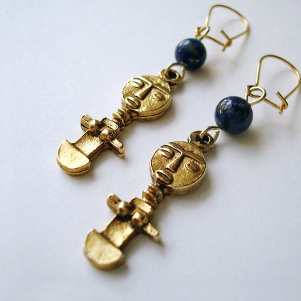 Tribal Earrings - Gold & Lapis with African Art Figure