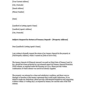 Plantilla de carta de devolución de depósito de alquiler en el Reino Unido / Documento de Word editable para inquilinos / Solicitud formal de arrendador / Formulario imprimible para inquilinos