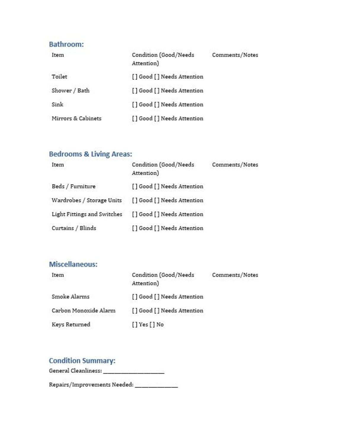 End of Tenancy Inspection Checklist for Landlords & Tenants | Printable ...