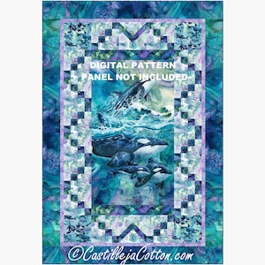 Może przedstawiać: Cyfrowy wzór do pikowania przedstawiający akwarelowe ilustracje orków pływających w oceanie. Wzór zawiera kratkowaną ramkę i tekst "DIGITAL PATTERN PANEL NOT INCLUDED".