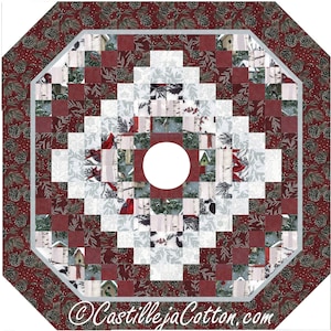 May include: A red, white, and green octagonal Christmas tree skirt with a white center circle and a repeating pattern of pine cones, birds, and houses. The skirt has a gray border and the text "CastillejaCotton.com" at the bottom.