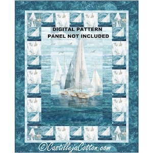 May include: A digitally printed fabric panel featuring a watercolor painting of sailboats on the ocean. The panel has a blue and white color scheme with the text "DIGITAL PATTERN PANEL NOT INCLUDED". The website address "CastillejaCotton.com" is at the bottom.