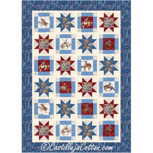 May include: A quilt with a white background and a blue and red pattern. The pattern features cowboys riding horses and stars. The quilt is surrounded by a blue border with a white and blue pattern. The text "CastillejaCotton.com" is at the bottom of the quilt.