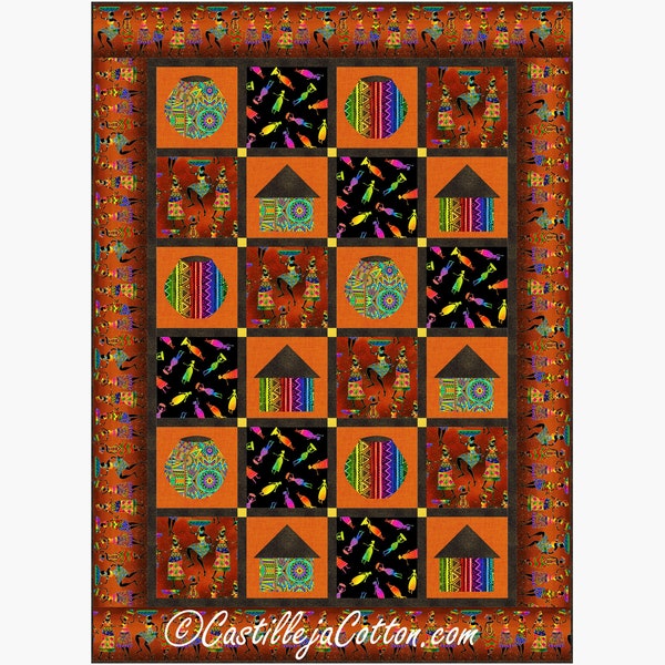 African Hut and Bowls  Quilt ePattern, 5836-1e, digital pattern, Lap quilt pattern, Timeless Treasures Fabrics African Sunset