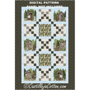 May include: A digital pattern quilt with a whimsical design of bears and outhouses. The quilt has a light blue background with square blocks and a dark green border. The text "DIGITAL PATTERN PANEL NOT INCLUDED" is at the top.