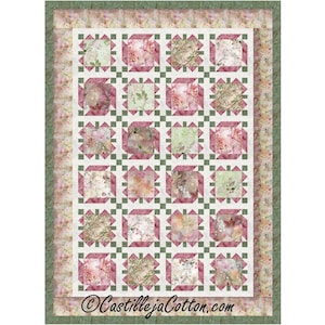 May include: A floral quilt with a repeating pattern of squares in shades of pink, green, and white. The squares feature botanical designs. The quilt has a white border with a green and pink floral patterned edge. The website address "CastillejaCotton.com" is printed at the bottom.