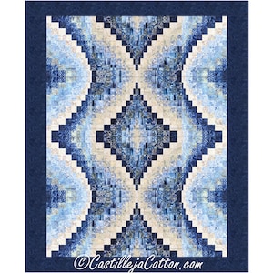 May include: A quilt pattern with a geometric design in shades of blue and white. The quilt is framed with a dark blue border. The text "CastillejaCotton.com" is in the bottom right corner.