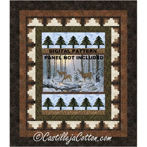 Peut inclure: Un motif de courtepointe numérique représentant une scène hivernale avec des cerfs dans une forêt enneigée. Le motif comprend une bordure de carrés bruns, beiges et verts. Le texte "DIGITAL PATTERN PANEL NOT INCLUDED" est imprimé sur l'image. Les informations de copyright "CastillejaCotton.com" sont imprimées en bas de l'image.