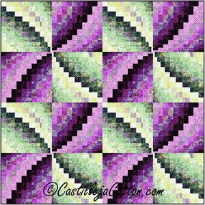 May include: A quilt pattern with a repeating design of black, purple, green, and white squares. The pattern is called "Castilleja Cotton".