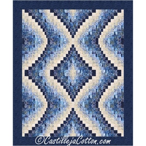May include: A quilt pattern with a blue and white diamond design. The quilt is made up of small squares of fabric, and the diamonds are created by alternating the colors of the squares. The quilt is bordered by a dark blue fabric.