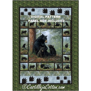 Peut inclure: Patron de quilting numérique représentant une famille d'ours noirs dans un décor forestier. Le motif comprend une ourse mère et deux oursons. Le texte "DIGITAL PATTERN PANEL NOT INCLUDED" est affiché sur l'image.