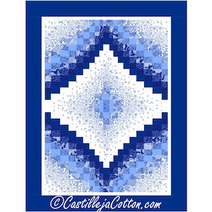 Könnte beinhalten: Ein blau-weißes Steppbett mit einem Rautenmuster. Das Steppbett weist eine Vielzahl von Blautönen, von hell bis dunkel, in einem geometrischen Design auf. Das Steppbett hat eine weiße Mitte und einen dunkelblauen Rand. Der Text "CastillejaCotton.com" befindet sich unten.
