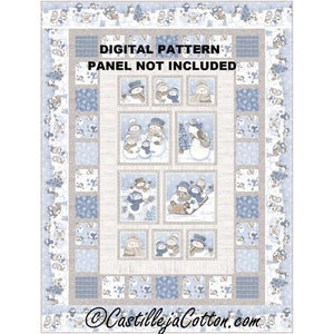May include: Digital pattern for a quilt featuring a snowman family theme. The pattern includes a variety of snowmen in different poses, including a snowman family sledding. The quilt is made up of a variety of blue and white fabrics with a brown background.