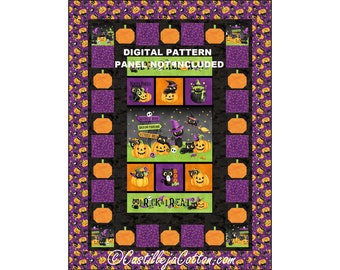 Trick or Treat Quilt ePattern, 5901-1e, digital pattern, Halloween panel Lap quilt pattern, Northcott Fabrics Double Bubble Kitty Trouble