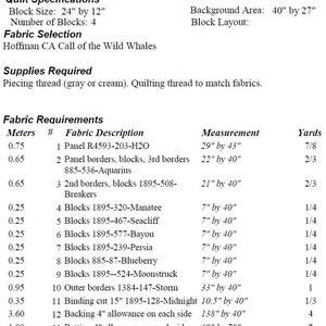 May include: Quilt pattern instructions for "Call of the Wild Whales" by Hoffman Fabrics. The pattern includes fabric requirements in yards and meters, with measurements in inches. The quilt is 40 inches by 27 inches and uses 4 blocks that are 24 inches by 12 inches.