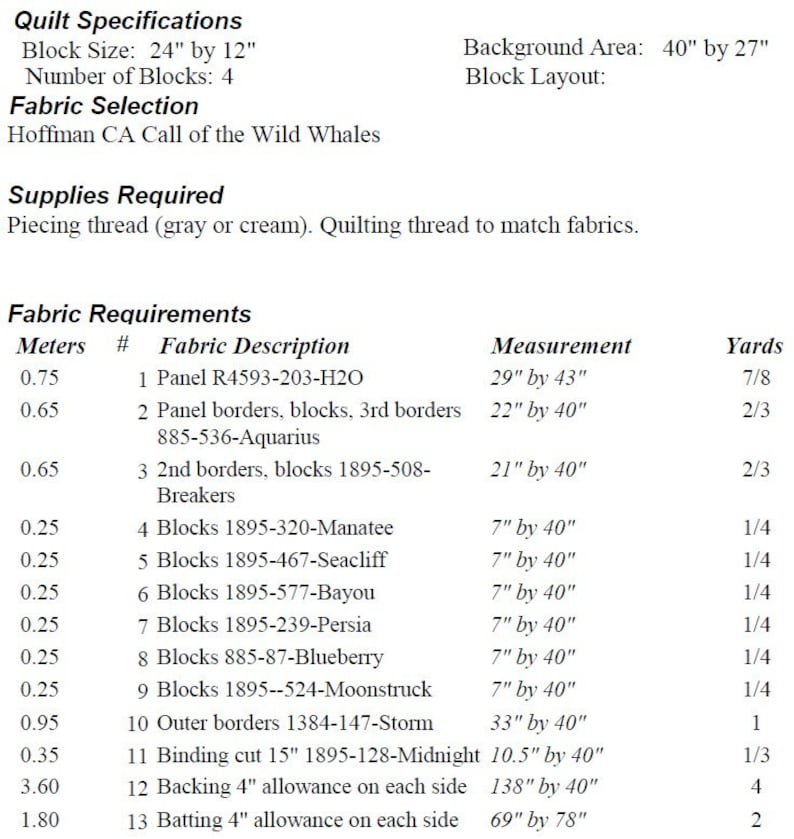 May include: Quilt pattern instructions for "Call of the Wild Whales" by Hoffman Fabrics. The pattern includes fabric requirements in yards and meters, with measurements in inches. The quilt is 40 inches by 27 inches and uses 4 blocks that are 24 inches by 12 inches.