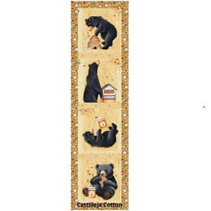 May include: A vertical fabric panel featuring four distinct square illustrations of black bears interacting with honey-related items. The border is decorated with small yellow flowers on a brown background. The text Castilleja Cotton is visible.