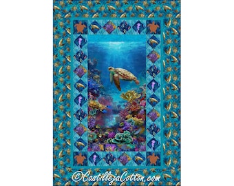 May include: A colorful quilt featuring a sea turtle swimming in a coral reef. The quilt is surrounded by a border of smaller sea turtles. The quilt is made of cotton fabric and is perfect for a beach-themed bedroom.