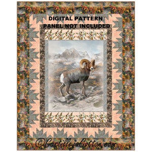 May include: A digital quilting pattern featuring a bighorn sheep standing on a rocky mountain peak. The pattern is surrounded by a border of autumn leaves and a peach-colored background. The text "DIGITAL PATTERN PANEL NOT INCLUDED" is printed on the top of the image.