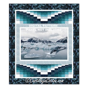 May include: Digital quilting pattern featuring a whale jumping out of the water in front of a snowy mountain range and icebergs. The pattern is surrounded by a blue and white geometric border. The text "DIGITAL PATTERN PANEL NOT INCLUDED" is displayed in the center of the image.