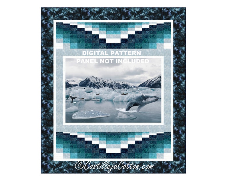 May include: Digital quilting pattern featuring a whale jumping out of the water in front of a snowy mountain range and icebergs. The pattern is surrounded by a blue and white geometric border. The text "DIGITAL PATTERN PANEL NOT INCLUDED" is displayed in the center of the image.